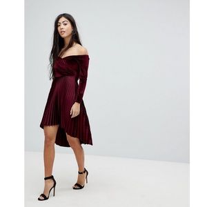 Asos Petite Velvet Wrap Bardot Pleated Mini Dress
